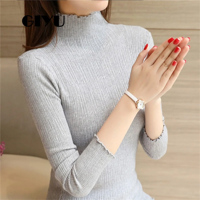 

GIYU Turtleneck Sweater Ruffles Long Sleeve Autumn Basic Knitted Solid Jumpers Skinny Pullover sueter mujer invierno
