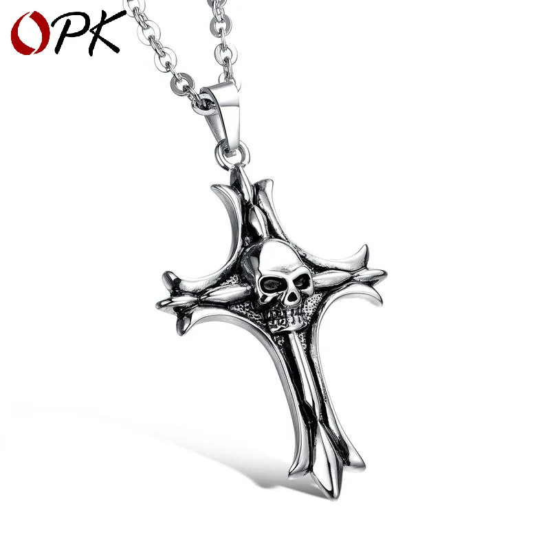 

OPK Europe And America New Style Cross Skull Cool Necklace Men Titanium Steel Necklace Halloween Accessories
