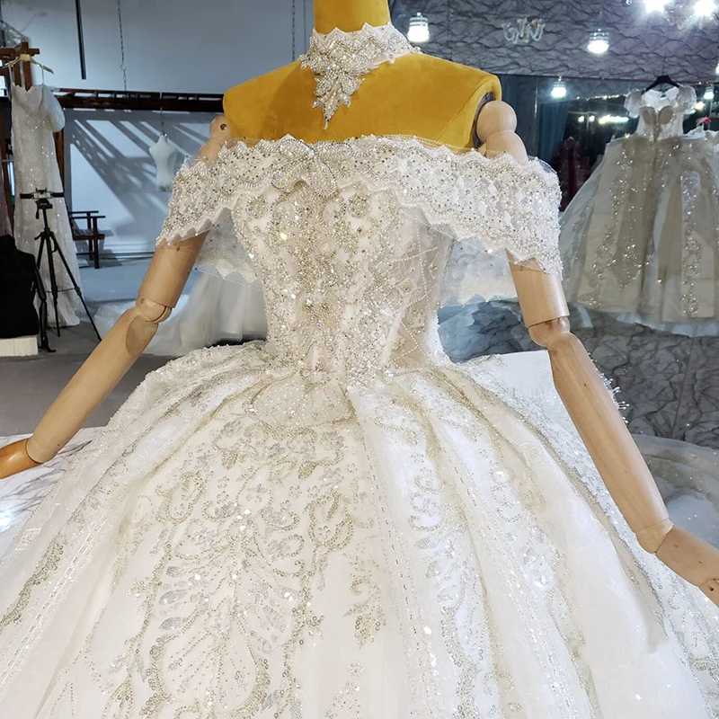 HTL2264 Dubai Wedding Dresses Shiny Beaded Lace Applique Off Shoulder Wedding Bride Dress Vestidos De Novia 2020 Alta Calidad 3