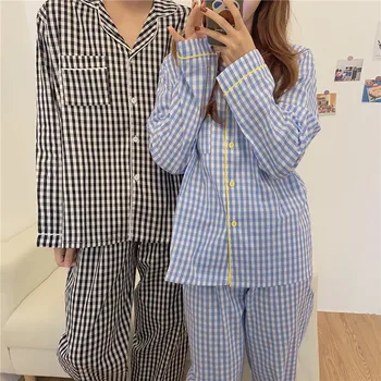 

Autumn and winter new women's dress Korean Plaid cardigan couple pajamas two sets women's ins net red leisure home wear