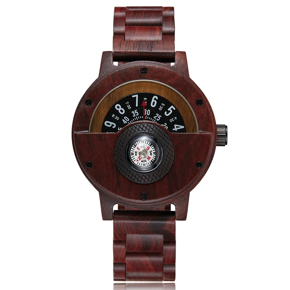 Креативные мужские часы из орехового дерева, мужские часы из натурального дерева, полностью из розового дерева, мужские наручные часы, мужские часы UniqueCompass, наручные часы Reloj - Цвет: red