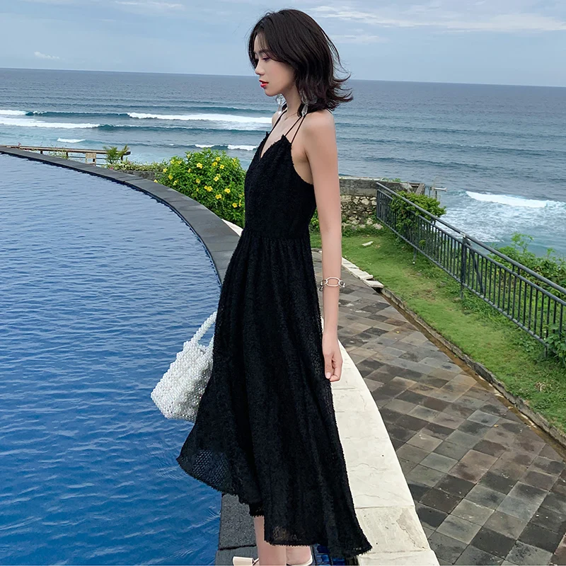 Summer Women Lace Black Backless Straps Sundress Female Midi Elegant Party Vacation Beach Dress Vintage Korean Runway Vestidos