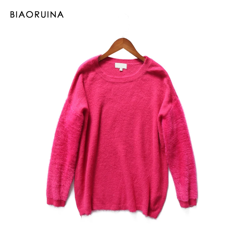 

BIAORUINA Women's Rose Solid Soft Wool Blends Patchwork Casual Pullover Female Loose O-neck Comfortable Sweater High Quality