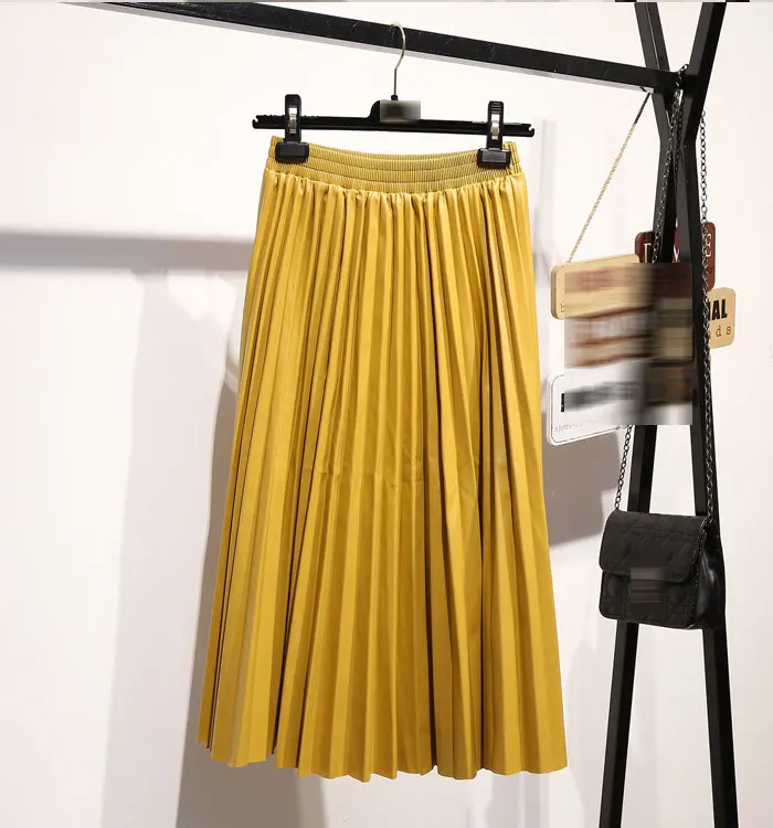 Autumn Fashion New PU Leather Pleated Skirt Elastic High Waist All-match Female's Bottoms