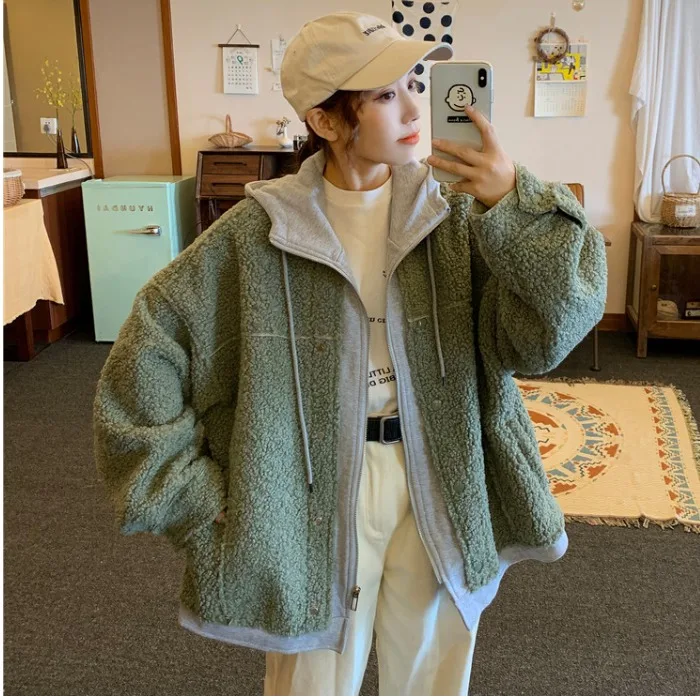 Patchwork Hooded Pocket Two Piece Style Thick Plush Coat Winter Faux Fur Lambwool Women Jacket Loose Top Warm Oversized Korean