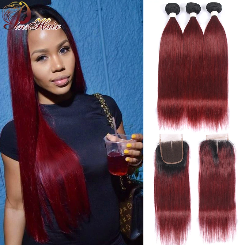 Pinshair T1B/99J красный бордовый цвет прямые человеческие волосы пряди с закрытием