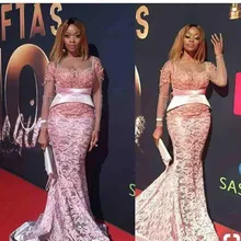 Розовые кружевные платья знаменитостей с длинными рукавами, красный ковер, праздничная одежда для выпускного вечера, вечерние платья большого размера на заказ