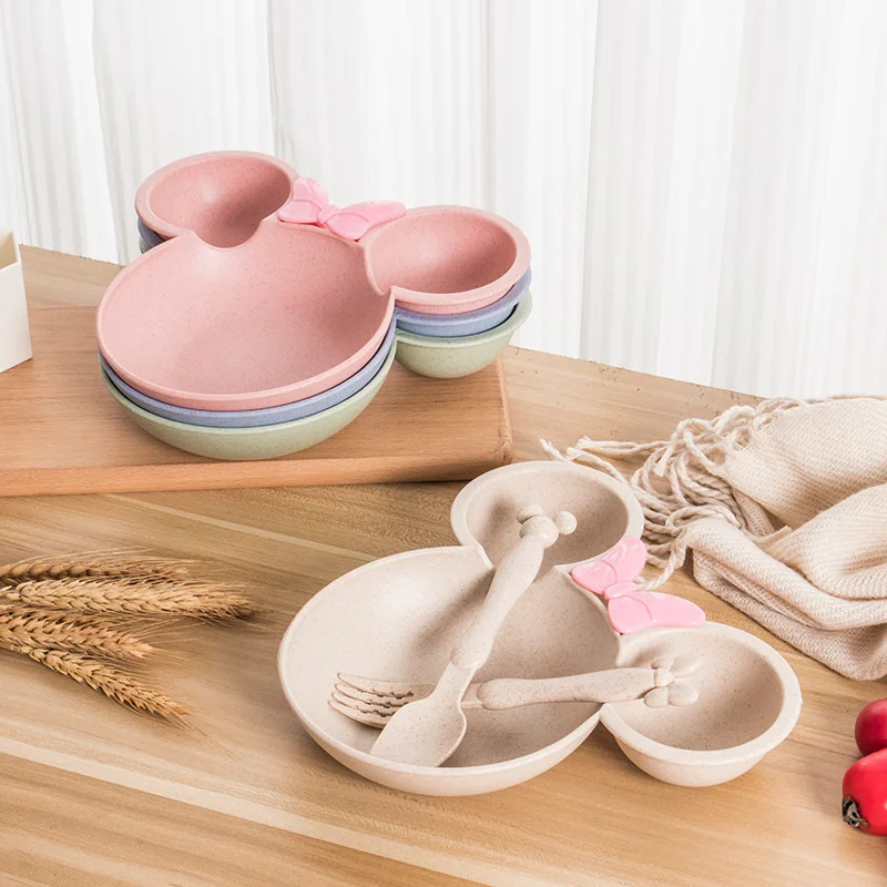 Tableware-Set Dishes Wheat-Straw Feeding-Plate Childrens Cartoon Spoon-Fork Training-Bowl