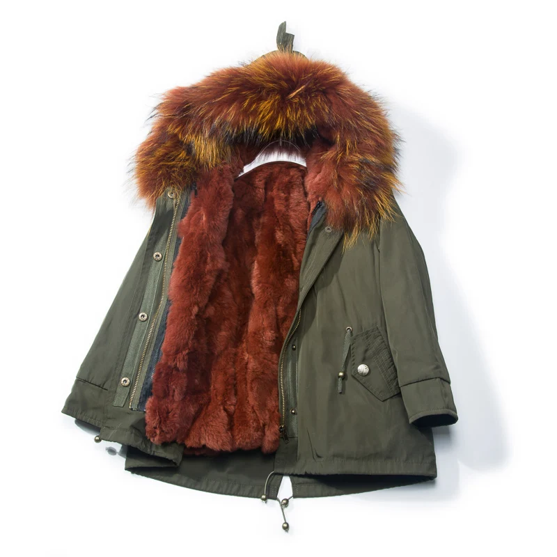 Натуральный мех енота меховой воротник кроличий мех лайнер куртка с капюшоном армейско-зеленого цвета для детей; пальто для девочек; одежда для рождественских праздников; зимние модные пальто из натурального меха - Цвет: 9