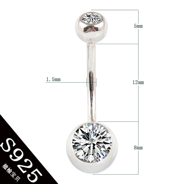 Real 925 sterling silver belly button ring clear double zircon stones body jewelry ball navel bar piercing jewelry free shipping PIN length 12mm