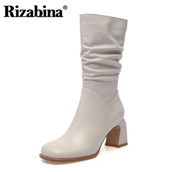 

RIZABINA Real Leather Women Mid Calf Boots Thick High Heel Square Toe Zipper Shoes Winter Warm Boots Party Footwear Size 34-39