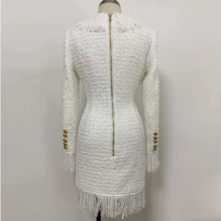 Wholesale SQtHi HIGH QUALITY Newest 2019 Designer Runway Dress Women's Long Sleeve Metal Lion Buttons Fringed Tweed Tassel Dress Wholesale SQtHi HIGH QUALITY Newest 2019 Designer Runway Dress Women's Long Sleeve Metal Lion Buttons Fringed Tweed Tassel Dress