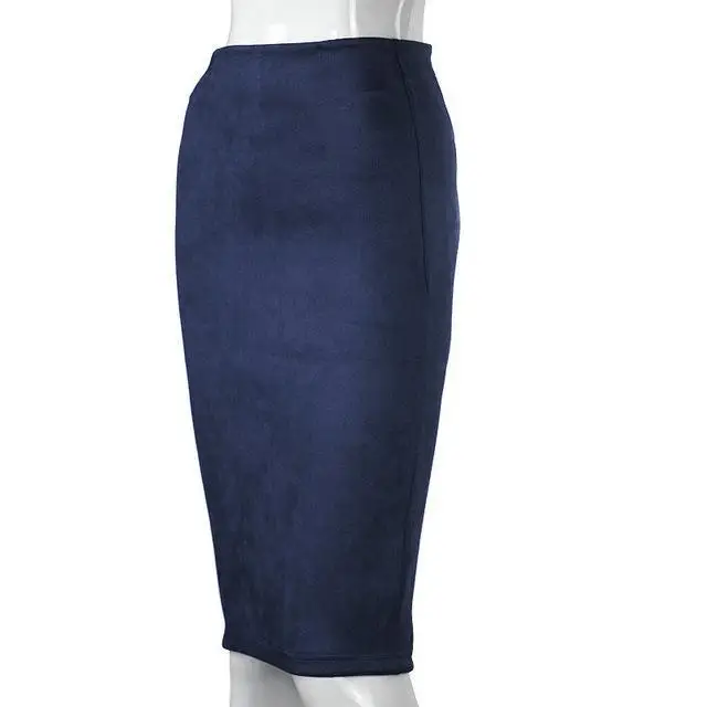 Navy Blue Aonibeier, Женская замшевая Однотонная юбка-карандаш, Женская Осенняя зимняя облегающая юбка с высокой талией, винтажные плотные эластичные юбки с разрезом - Цвет: Navy Blue