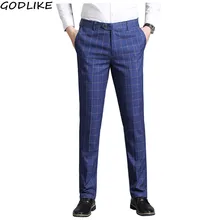 Мужские Синие Клетчатые Брюки, мужские облегающие брюки в британском стиле, мужские облегающие официальные брюки, деловые брюки