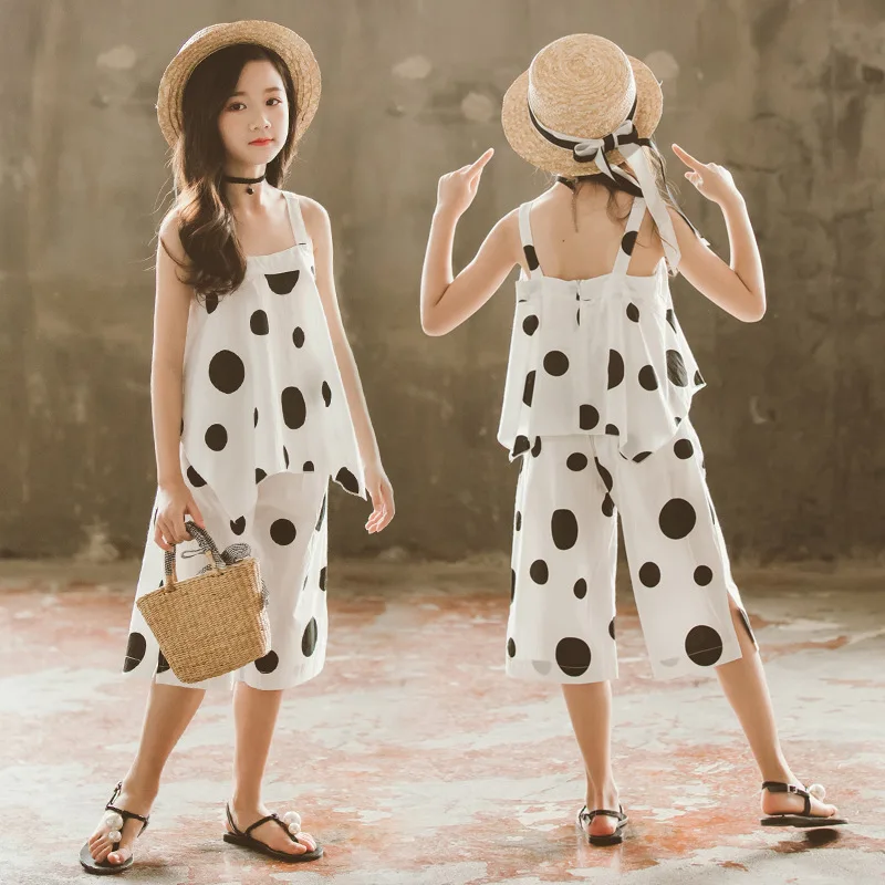Womola Girls Cotton Clothing Sets Summer Sleeveless Polka Dot Print Irregular Top Solid Color Shorts Set 