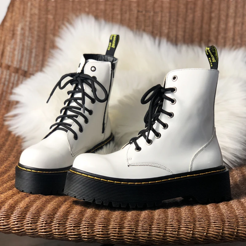 

2019 Winter Lace Up Platform Ankle Boots Women Punk Thick Bottom dr martens mujer Designer Short Booties Flat Shoes White Black