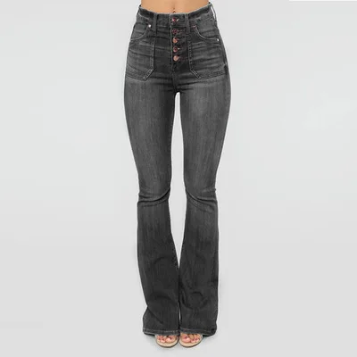 Women High Waist Button Denim Jeans Plus Size Slim Flare Pants Full Length Trousers - Цвет: Черный