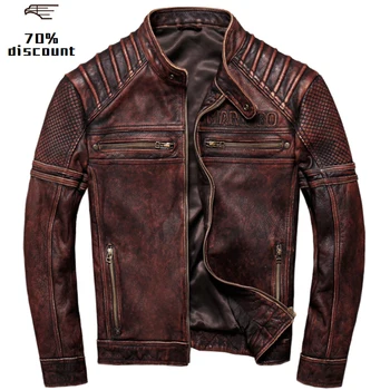 

2020 Vintage Brown Men American Motorcycle Leather Jacket Plus Size XXXXXL Genuine Cowhide Slim Fit Biker's Coat FREE SHIPPING