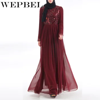 

WEPBEL Fashion Belt Embroidered Dress Arab Long-sleeved O-Neck Robes Muslim Dubai Ramadan Mosque Prayer Floor-Length Dress
