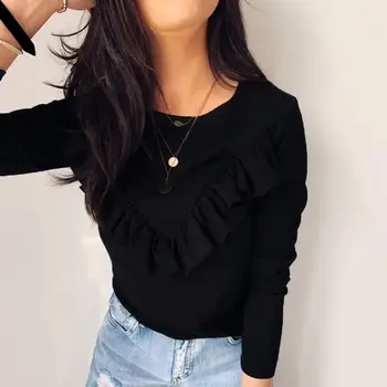 

2019 Fashion Women Casual Solid Color O Neck Long Sleeve Ruffled Hem Loose Blouse shirts Leisure Blouse Office Shirt Casual Top