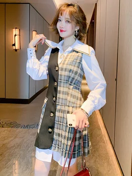 

Contrast Color Lapel Shirt Skirt + Plaid Pleated Vest Dress Two-Piece Women's 2020 Early Autumn New Style