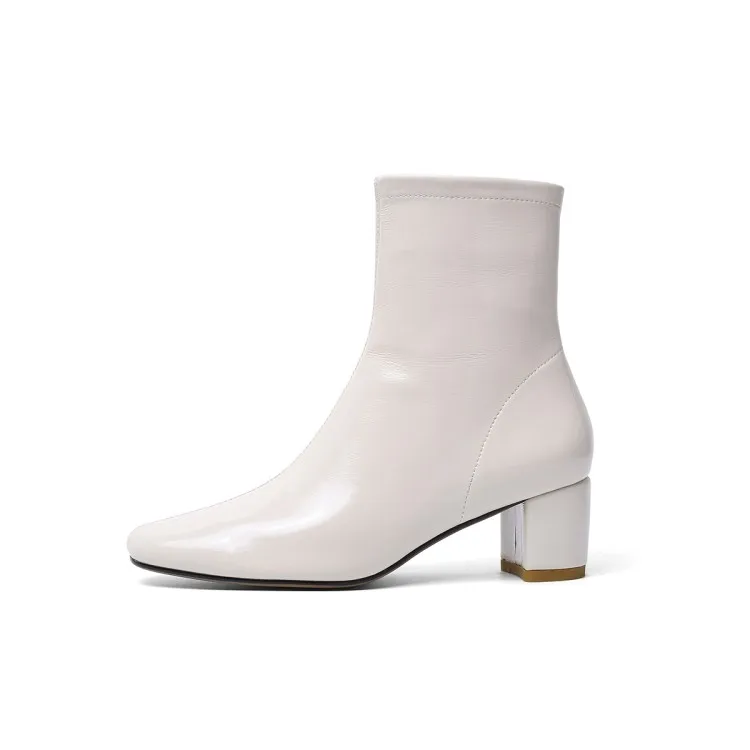 Real Patent Leather Women Short Boots Autumn Winter Mid Heel Shoes F009 Fashion Ladies Zipper Black Beige Square Toe Ankle Boots - Цвет: Beige InSide Leather
