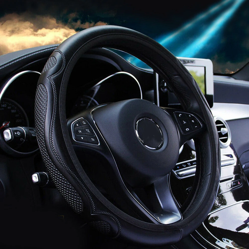 

Microfiber Leather 37/38CM Car Steering Wheel Covers Black Embossing Steering Wheel Cover Breathable Anti-slip Interior Parts
