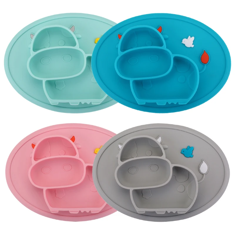 4 PCS Mix Color Qshare 4 шт Корова детская обеденная тарелка детская еда чаша для кормления ребенка анти-осень посуда Младенческая силиконовая присоска детская тарелка - Цвет: 4 PCS Mix Color