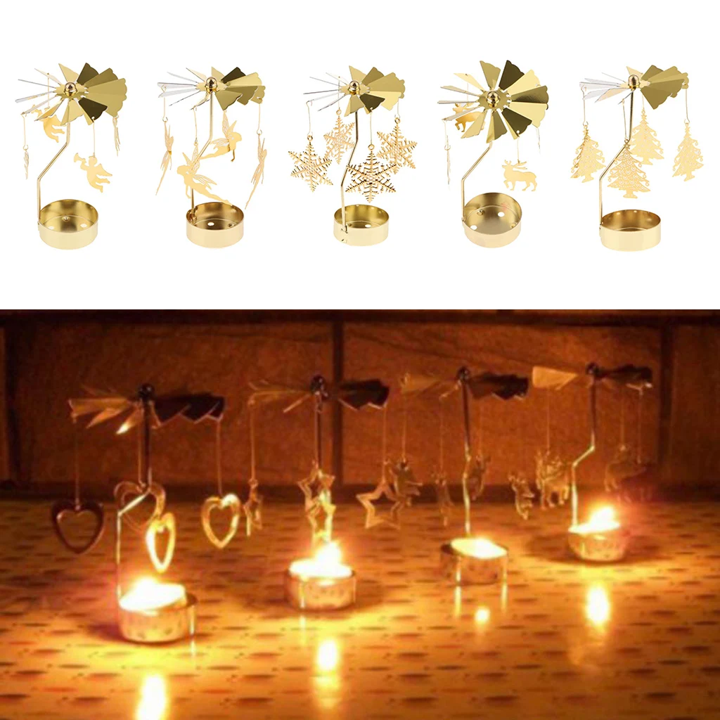 5Pcs Christmas Decor Rotating Candle Tea Light Holder Candlestick Gold