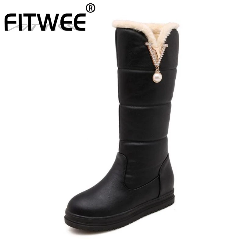 FITWEE, размеры 32-44, женские ботинки на плоской подошве зимняя обувь с густым мехом и бусинами женские сапоги до колена с круглым носком модная теплая женская обувь