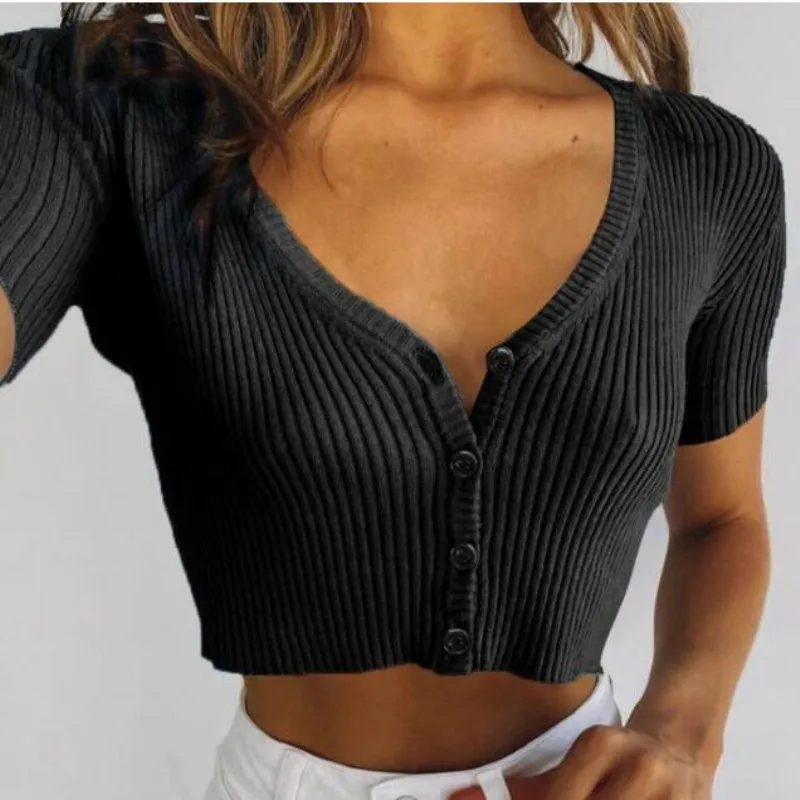 2020 Short Sleeve Buttons Cardigan Sexy Crop Tops Summer Women Fashion Knitted Casual Bodycon Stretchy T-shirts