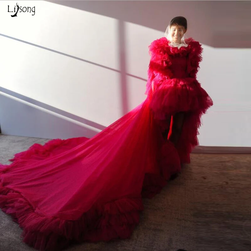 

Burgundy Hi Low Tiered Tulle Evening Party Dresses With Train Formal Dress Puffy Tulle Trendy Prom Gown 2019 Robe de soiree