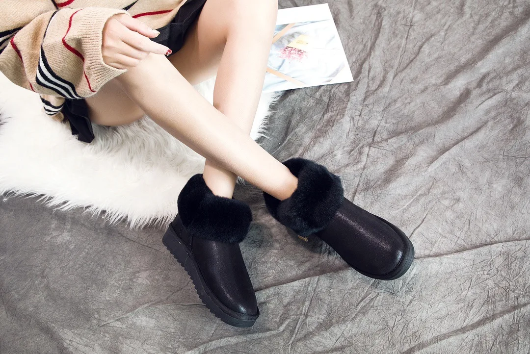 

Winter Genuine Leather Flat Snow Boots Women's Slip-on Genuine Leather Short Fur Thick plus Velvet Thick Bottomed Ankle Boots