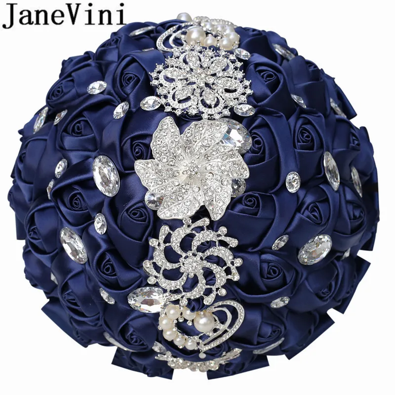 JaneVini 24cm Navy Royal Blue Wedding Bouquet with Crystal Jewelry Luxury Pearl Diamond Satin Rose Bride Bouquet Fleur Mariage