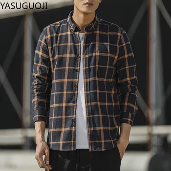 

YASUGUOJI Casual Flannel Plaid Shirt Men Long Sleeves 2020 New Spring Autumn Shirts Plus Asian Size Slim Fit Vintage Men Shirt