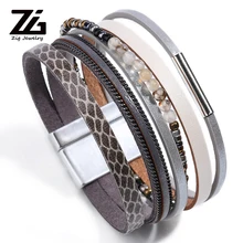 ZG натуральный камень женский кожаный браслет Pulseira многослойный браслет с магнитной пряжкой Женская мода