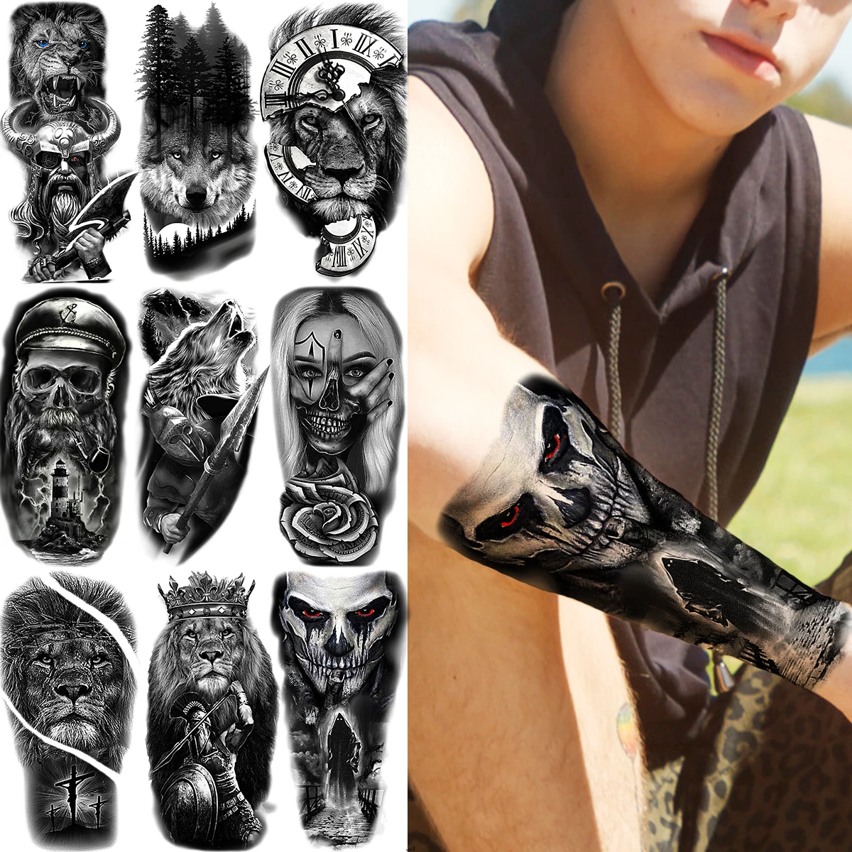 

3D Joker Halloween Temporary Tattoos For Women Men Realistic Lion Compass Wolf Pirate Vampire Fake Tattoo Sticker Tatoos Clown