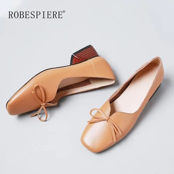 

ROBESPIERE 2019 New Bowknot Women Pumps Genuine Leather Hoof Heels V Mouth Shoes Girls Retro Square Toe Slip On Footwear A139