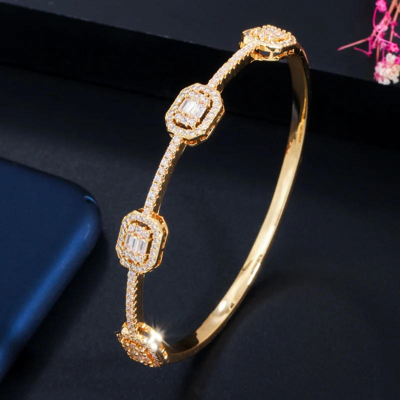 CWWZircons Luxury Stackable Statement Gold Bangle for Women Wedding Cubic Zircon Crystal CZ Dubai Silver Plated Bracelets BG041 4