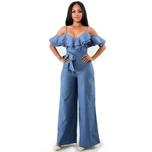 off the shoulder jean jumpsuit