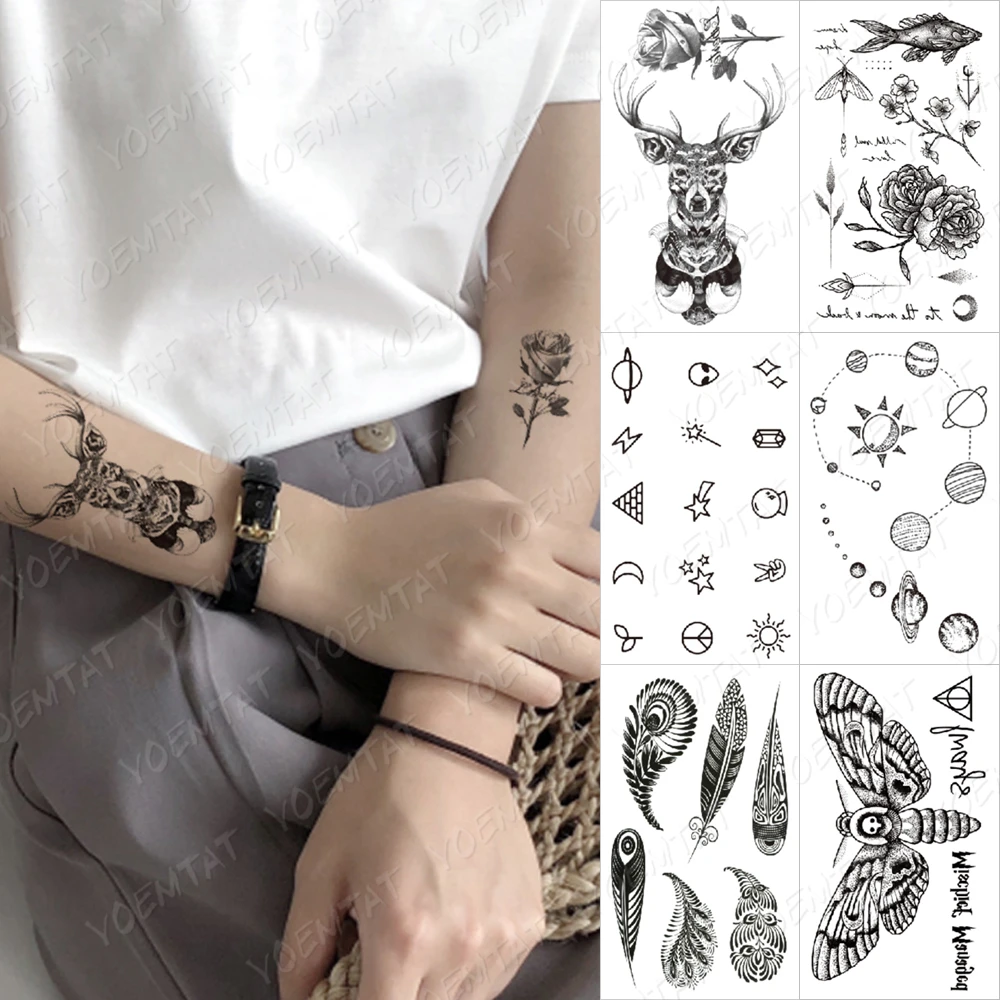 Tatouage Rose Sur La Main Femme Tatouage temporaire de renne, autocollant imperméable, Rose, noir, petit,  faux bras, cou, main, femmes, hommes, paillettes, enfants, Art corporel |  AliExpress