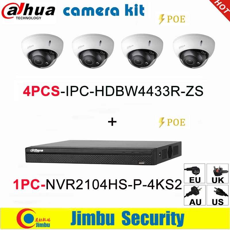 

Dahua IP Camera Kit NVR kit 4CH 4K video recorder NVR2104HS-P-4KS2 & Dahua 4MP IP camera 4pcs IPC-HDBW4433R-ZS multi-language