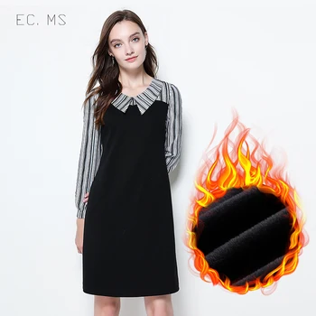 

EC.MS Dresses Doll Collar Stripe Black Fleece Warm Elegant Women Office Ladies Dresses