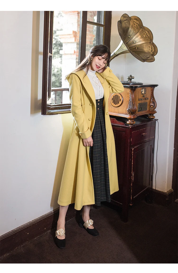 YOSIMI Winter Wool Coat Women Woolen Coat Turn-down Collar with Hooded Full Sleeve Long Coat Jacket Double Breasted Midi