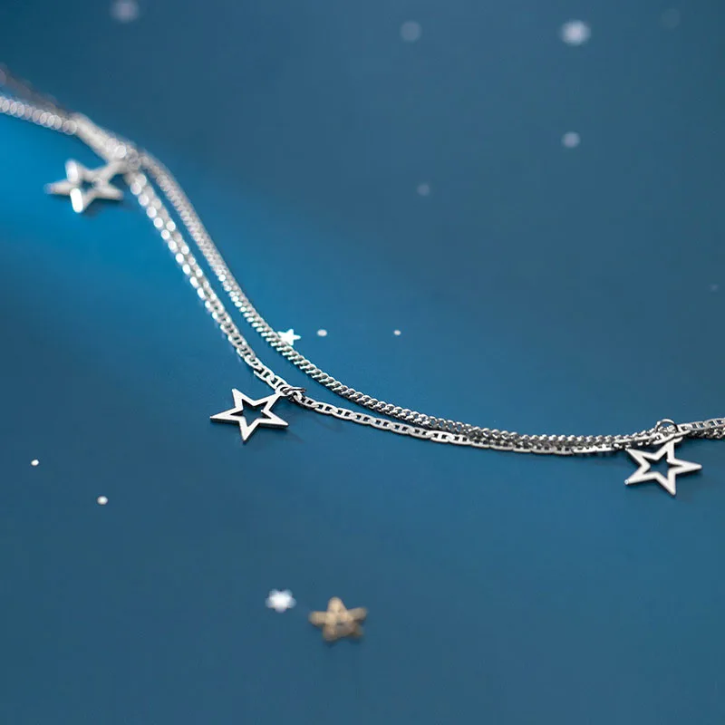 Настоящее серебро 925 пробы двойной слой ажурный браслет на лодыжку звезда для женщин Элегантный свежий корейский стиль ножные браслеты серебро 925 ювелирные изделия для девушек