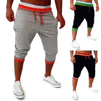 

Men Color Block Pockets Drawstring Elastic Capris Trousers Cotton Sports Shorts Two practical pockets Sporty Men Shorts