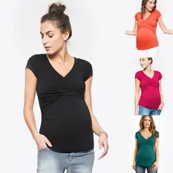 Плюс Размеры v-образный вырез короткий рукав для грудного вскармливания Топы Беременность футболки Одежда для кормления для Беременные