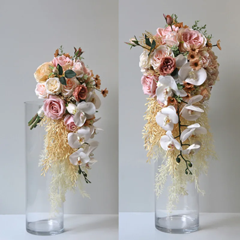 

NZUK Vintage Orchids Rose Artificial flowers Cascade Bouquet Decor Tear Drop Wedding Bouquet Pink Peony Ramo De Novia