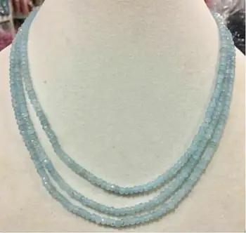 

Genuine natural 3 row 2X4 mm facial aquamarine Roundel bead necklace 17-19”
