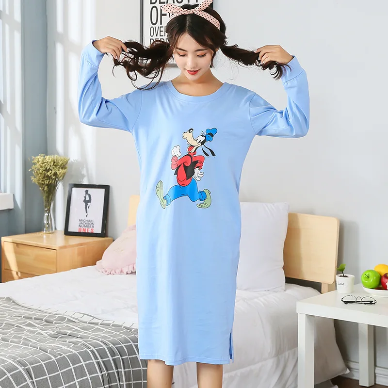 

Spring And Autumn Korean-style Long Sleeve Nightgown Women's Pure Cotton Large Size Loose-Fit Cute Cartoon Tracksuit-Outer Wear